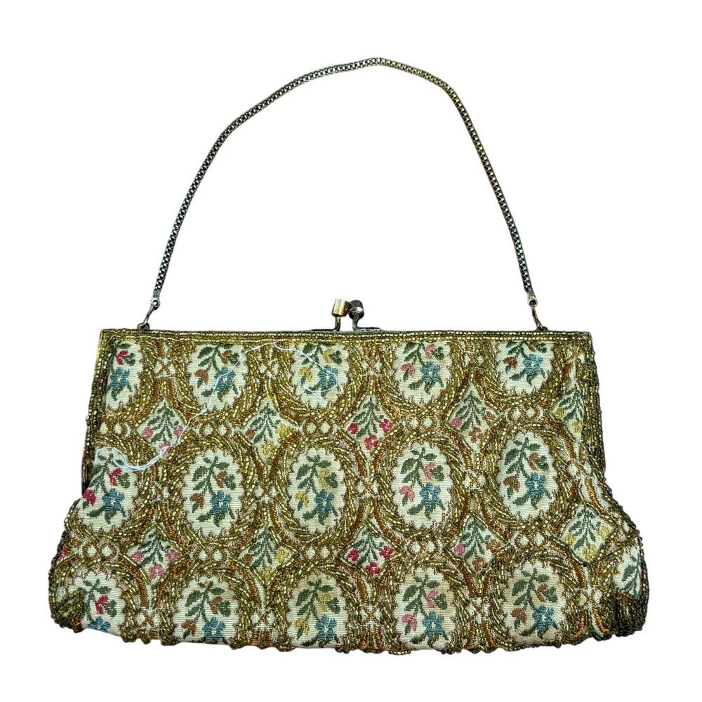 Vintage Walborg 60s Beaded Tapestry Evening Bag Floral Hong Kong Clutch Purse